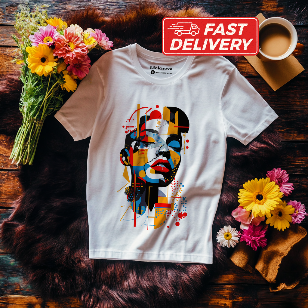 Colorful Abstract Woman Portrait T-Shirt: Geometric Modern Art Graphic Tee