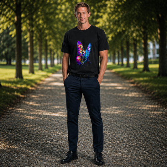 Man wearing a black Licknova T-shirt with a colorful butterfly graphic while standing on a tree-lined outdoor path.
