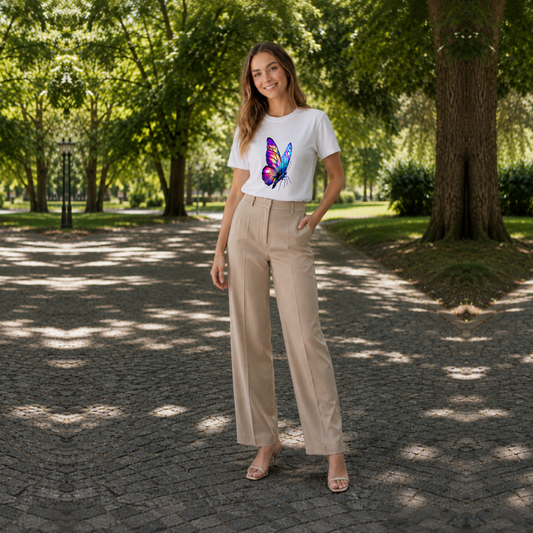 Woman wearing a white Licknova T-shirt with a colorful butterfly graphic while standing on a tree-lined park path.