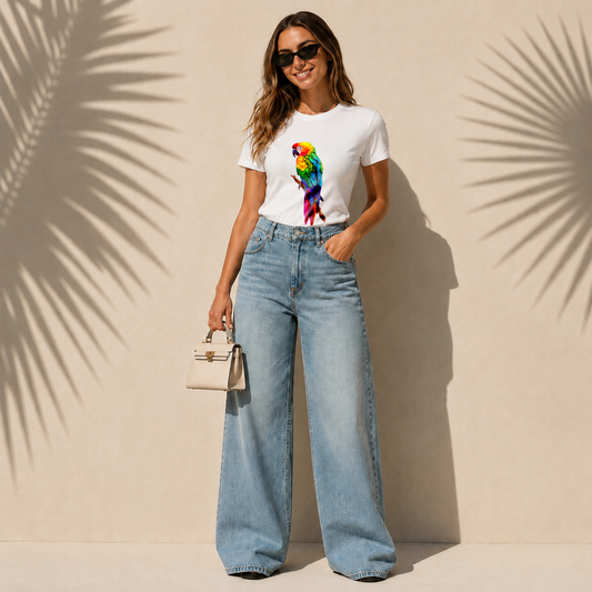 Woman wearing a white Licknova T-shirt with a colourful tropical parrot graphic and wide leg jeans.