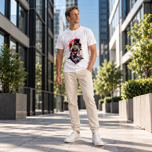 Man wearing a white Licknova T-shirt with a colourful bearded hipster sunglasses graphic in a modern city setting