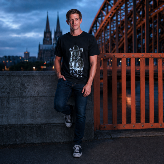 A man stands on a bridge at dusk wearing a black graphic t-shirt with a 'WANTED COWGIRL' print, dark jeans, and sneakers, with a city skyline and a large orange-brown steel bridge in the background.
