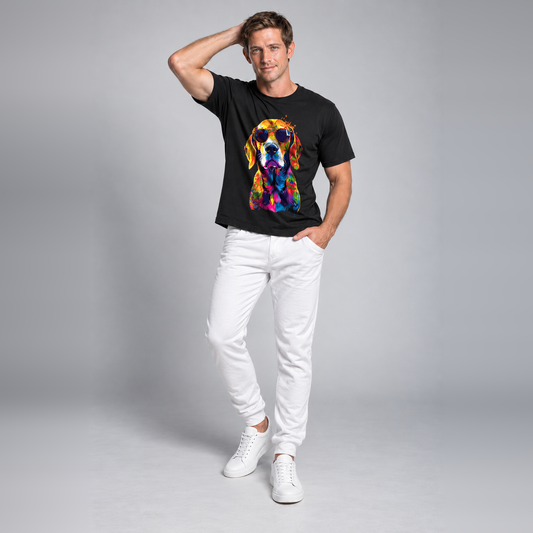 A man modeling a black short-sleeve t-shirt with a colorful, watercolor-style graphic of a dog on the front, paired with white pants and white sneakers, against a neutral gray studio background.