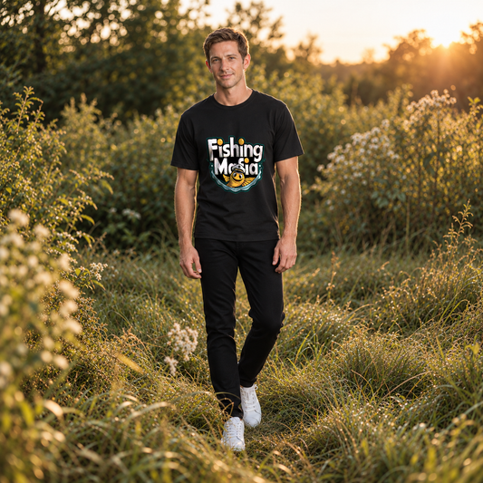 Man wearing a black Licknova Fishing Mafia graphic T-shirt outdoors at sunset