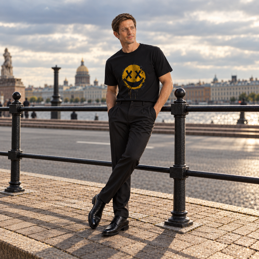 Man wearing a black Licknova T-shirt with yellow grunge smiley face graphic outdoors by the waterfront