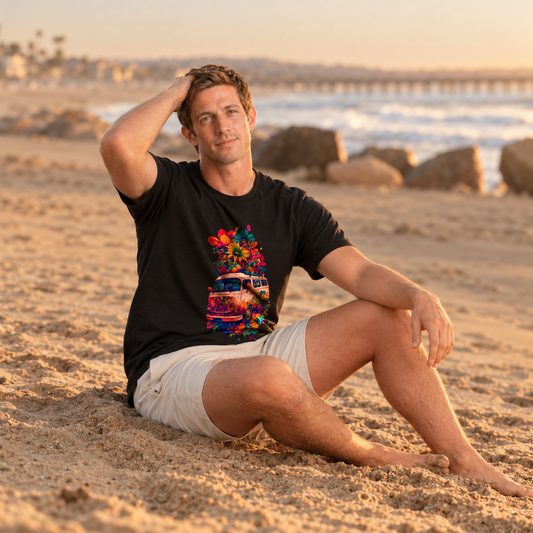 Man wearing a black Licknova T-shirt with a colourful hippie van and flower graphic while sitting on a beach