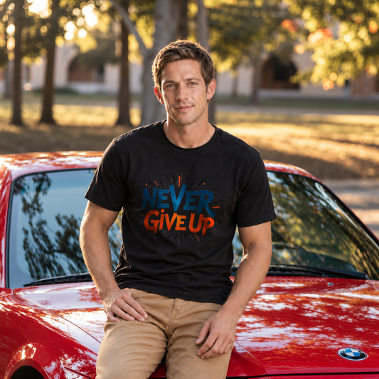 A man wearing a black graphic t-shirt with the text 'NEVER GIVE UP' in blue and orange, leaning against a red BMW car outdoors.