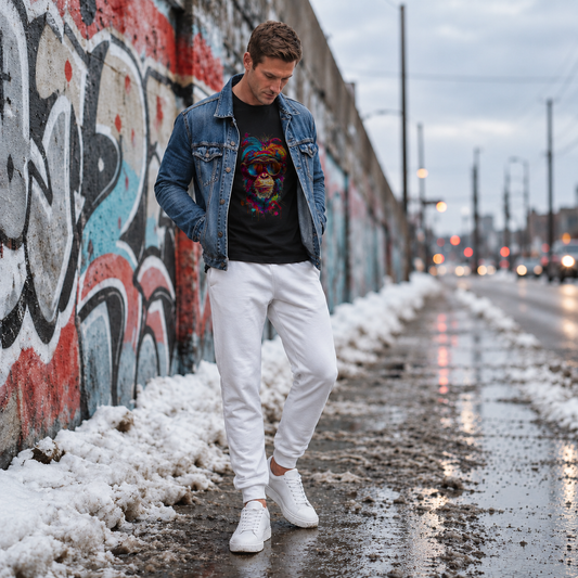 A man walking on a snowy city street wearing a black graphic t-shirt under a blue denim jacket, paired with white sweatpants and white sneakers.