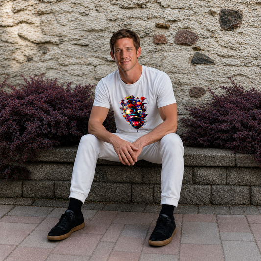 A man sitting on a stone ledge in front of a textured wall, wearing a white t-shirt with a colorful graphic print of a skull, white sweatpants, and black sneakers.