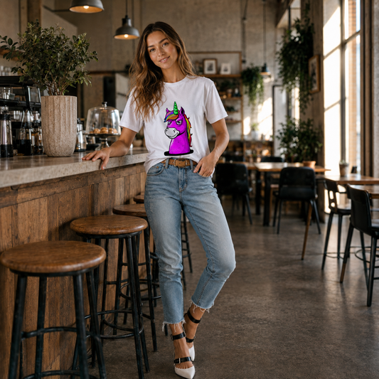 Woman wearing a white purple unicorn graphic T-shirt with light blue jeans in a café setting.