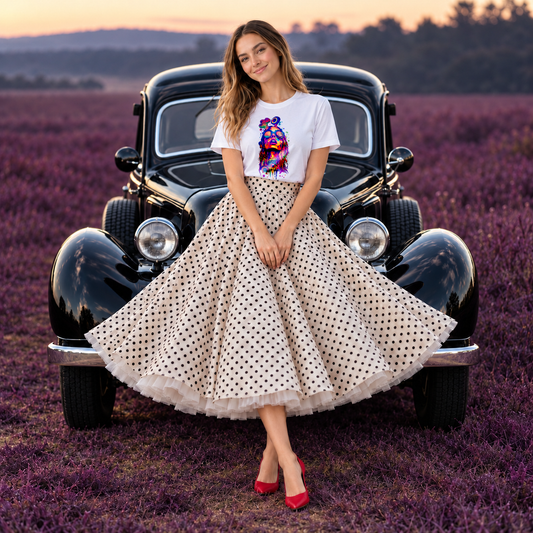 Woman wearing a white psychedelic art T-shirt with colourful sunglasses girl design beside a vintage black car