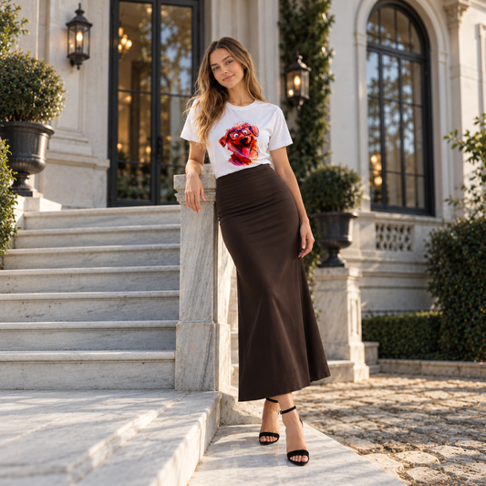 Woman styled in a white dog graphic T-shirt featuring a playful cartoon dog wearing glasses