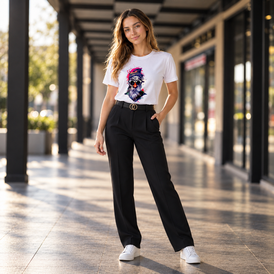 Woman wearing a white Licknova T-shirt with a colourful bearded hipster wearing sunglasses graphic