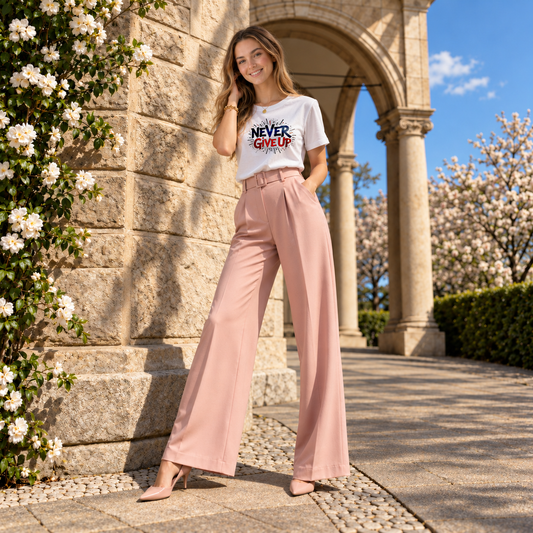 A woman stands outdoors in front of a stone archway and flowering vines, wearing a white graphic T-shirt with the words 'NEVER GIVE UP' and high-waisted blush pink wide-leg trousers with nude heels.