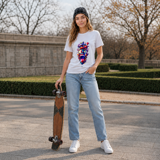 A woman stands outdoors on a paved path holding a longboard skateboard, wearing a white graphic T-shirt with a colorful abstract face print, light blue jeans, white sneakers, and a black knit beanie.